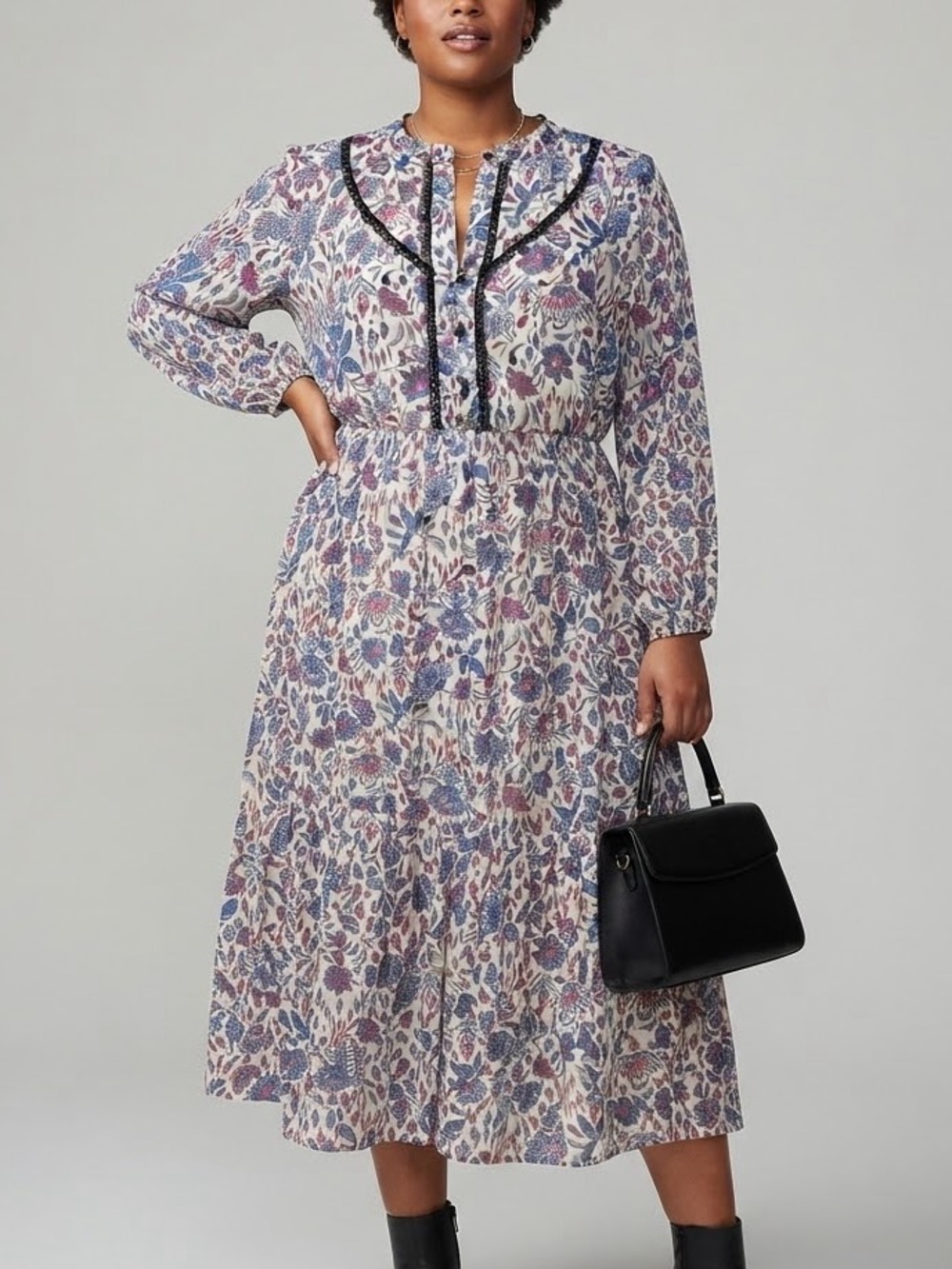 DEX Floral Long Sleeve Midi Dress in Ivory with Blue & Pink Print 0X